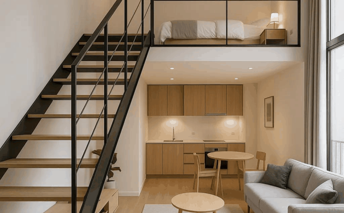 Cầu Thang Sắt Trong Nhà Bậc Gỗ Cho Căn Hộ Gác Lửng