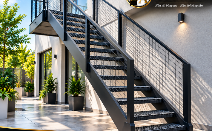 Cầu Thang Sắt Thẳng Ngoài Trời Bậc Grating Hiện Đại