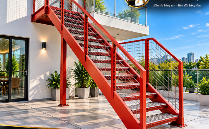 Cầu Thang Sắt Thẳng Ngoài Trời Bậc Grating Hiện Đại