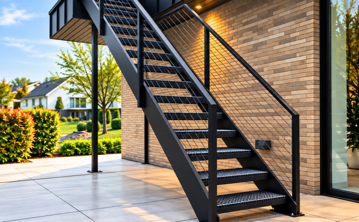 Cầu Thang Sắt Thẳng Ngoài Trời Bậc Grating Hiện Đại