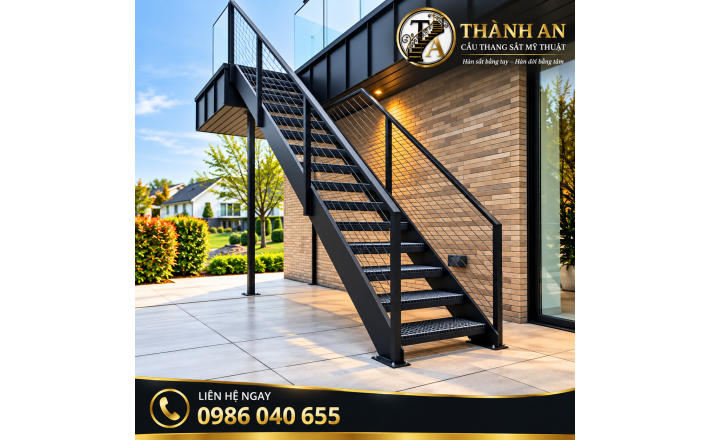 Cầu Thang Sắt Thẳng Ngoài Trời Bậc Grating Hiện Đại
