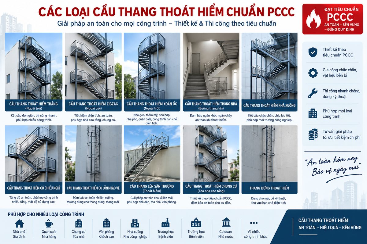 Các loại cầu thang thoát hiểm ngoài trời phổ biến cho công trình