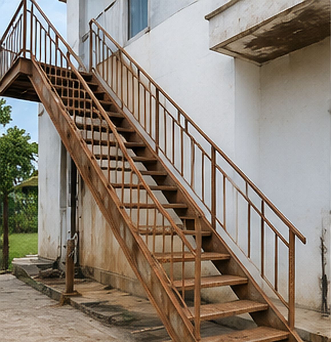 Cầu thang sắt ngoài trời bị gỉ sét