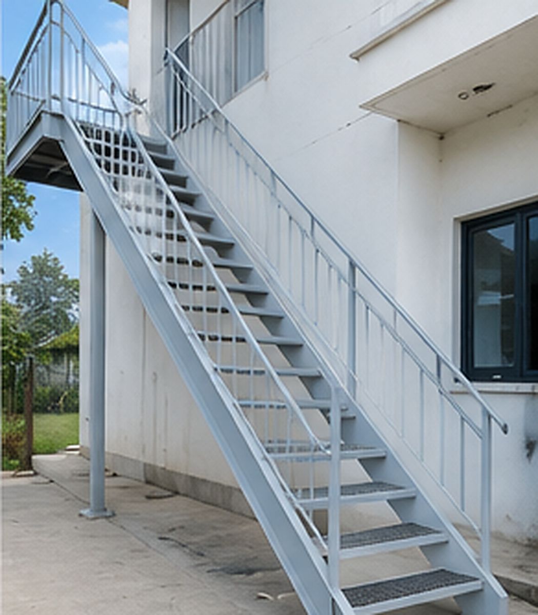 Cầu thang sắt ngoài trời sau khi hoàn thành lớp sơn lót chống gỉ bảo vệ bề mặt