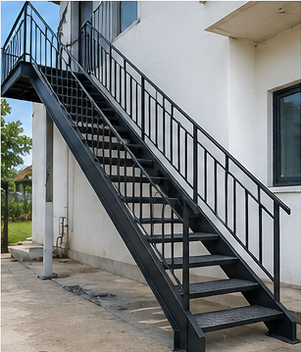 Mẫu cầu thang sắt ngoài trời màu đen sau khi hoàn thiện hệ thống sơn chống gỉ và sơn phủ