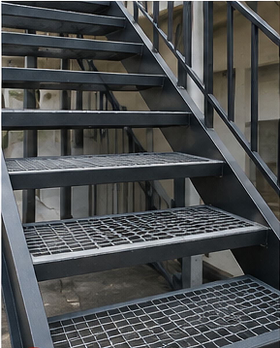 Chi tiết bậc cầu thang sắt grating ngoài trời có thiết kế thoát nước và hạn chế trơn trượt