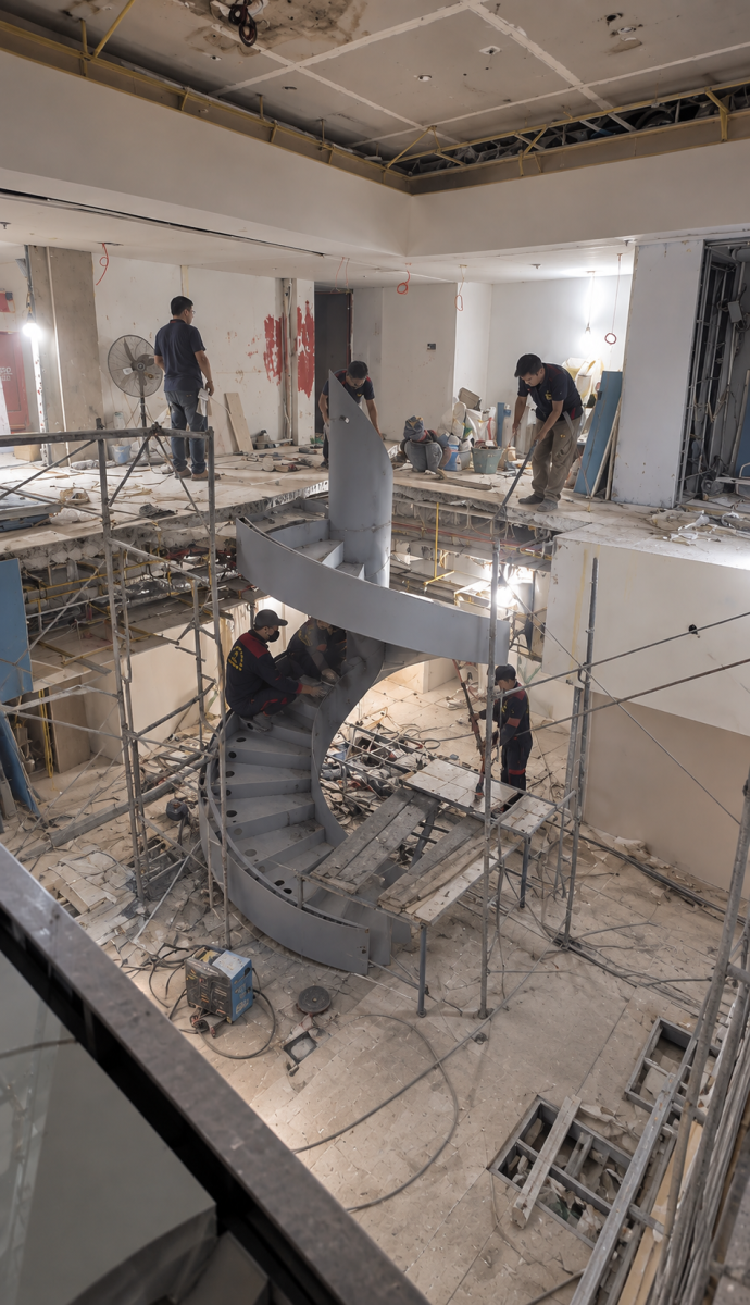 Đường cong cầu thang xoắn ốc bằng sắt nhìn từ phía dưới