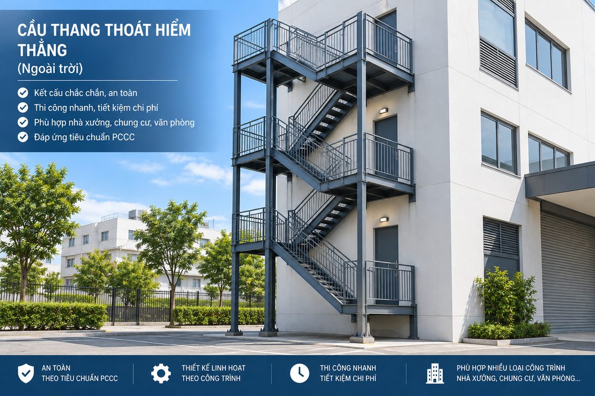 Cầu thang thoát hiểm bằng sắt lắp đặt bên ngoài tòa nhà