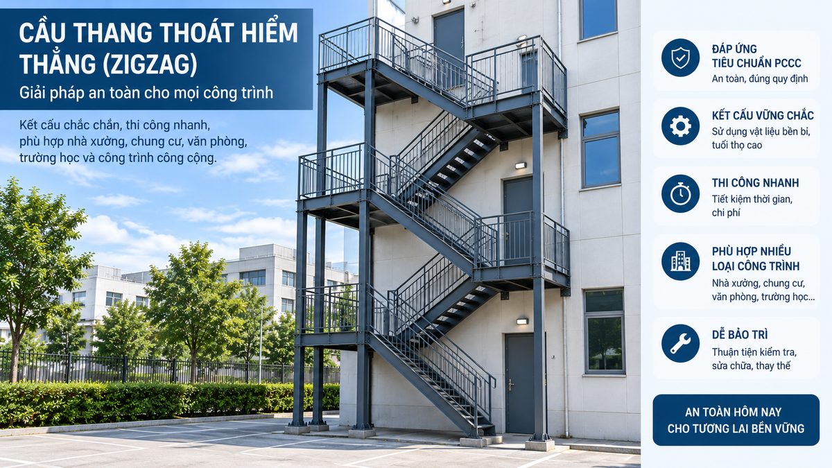 Cầu thang thoát hiểm sắt ngoài trời chắc chắn cho công trình