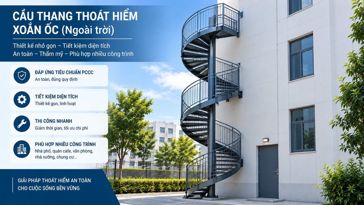 Cầu thang thoát hiểm ngoài trời thiết kế an toàn và chắc chắn