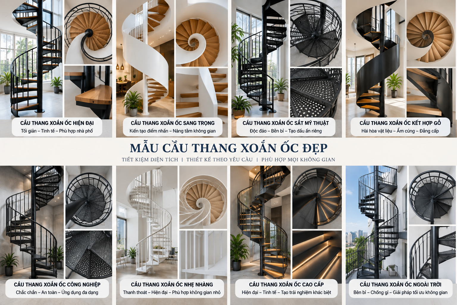 Mẫu cầu thang xoắn ốc đẹp đa dạng thiết kế sắt, gỗ và ngoài trời