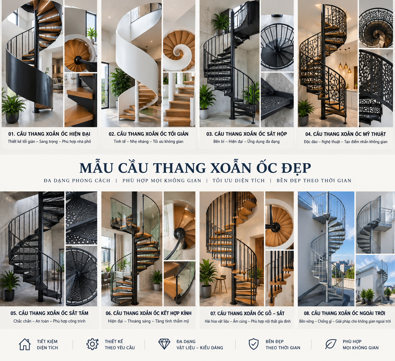 Mẫu cầu thang xoắn ốc đẹp bằng sắt, gỗ, kính và thiết kế ngoài trời