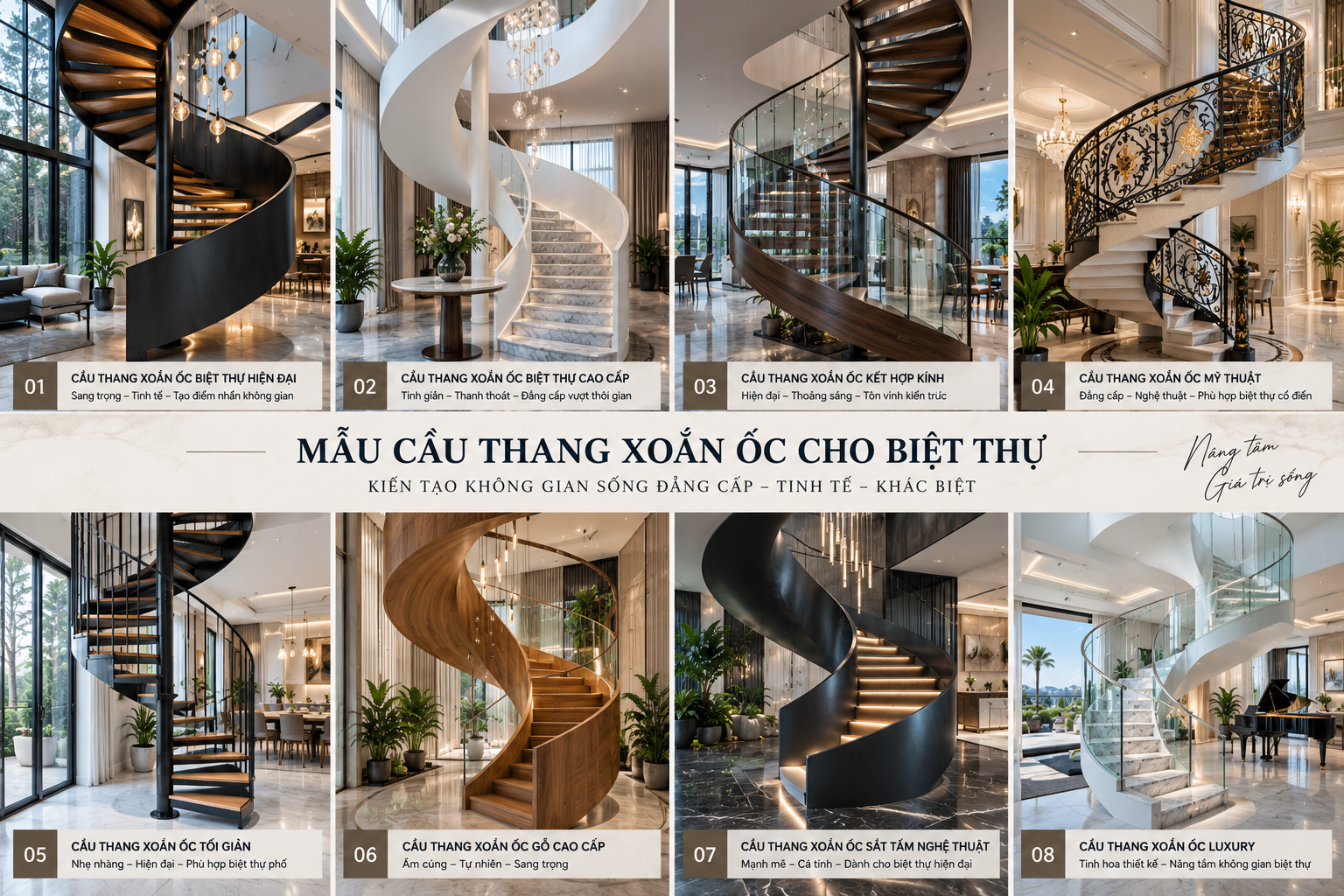 Mẫu cầu thang xoắn ốc cho biệt thự hiện đại cao cấp và sang trọng