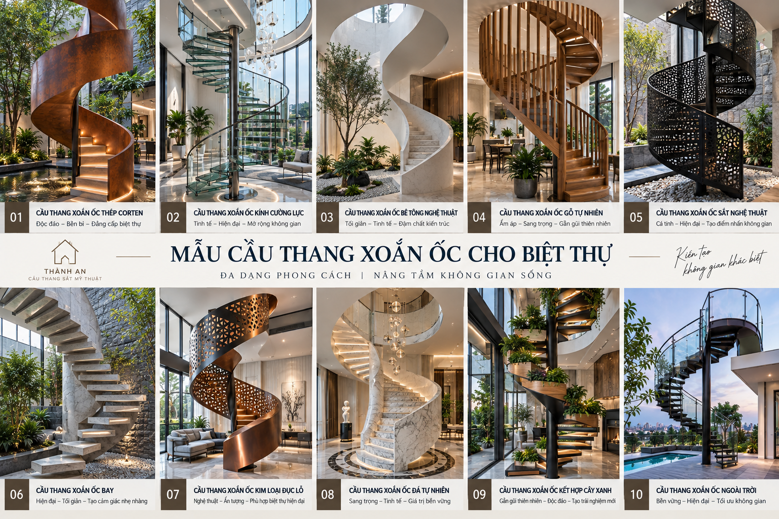 Mẫu cầu thang xoắn ốc cho biệt thự bằng sắt, gỗ, kính và thép nghệ thuật