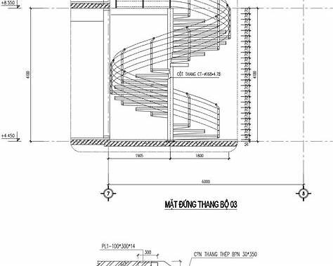 Kích thước cầu thang xoắn ốc trên bản vẽ mặt đứng với chiều cao và đường kính thang